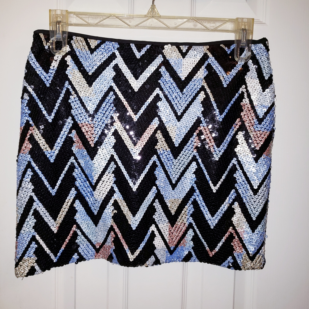 ​Buttons Multi Color Chevron Sequin Mini Skirt L - Party Festival NYE Geometric